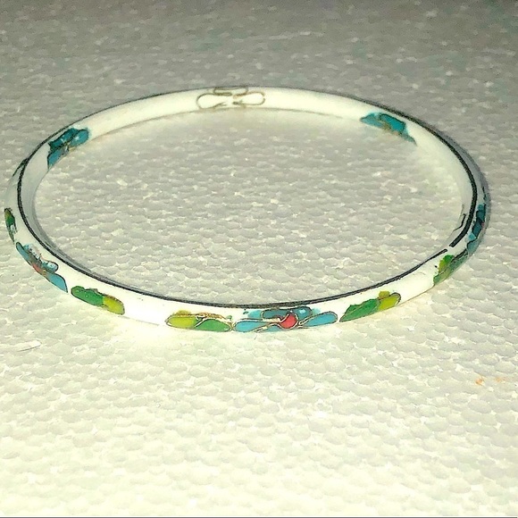 VTG Chinese Cloisonné Hand Painted Gold Lines Floral Bangle Bracelet 8” - Picture 2 of 6